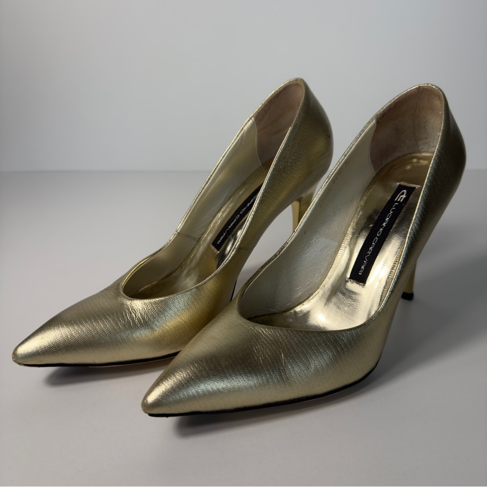 Luciano Carvari Pumps Gold Leather Pointy Toe Golden Stiletto Elegant Shoes